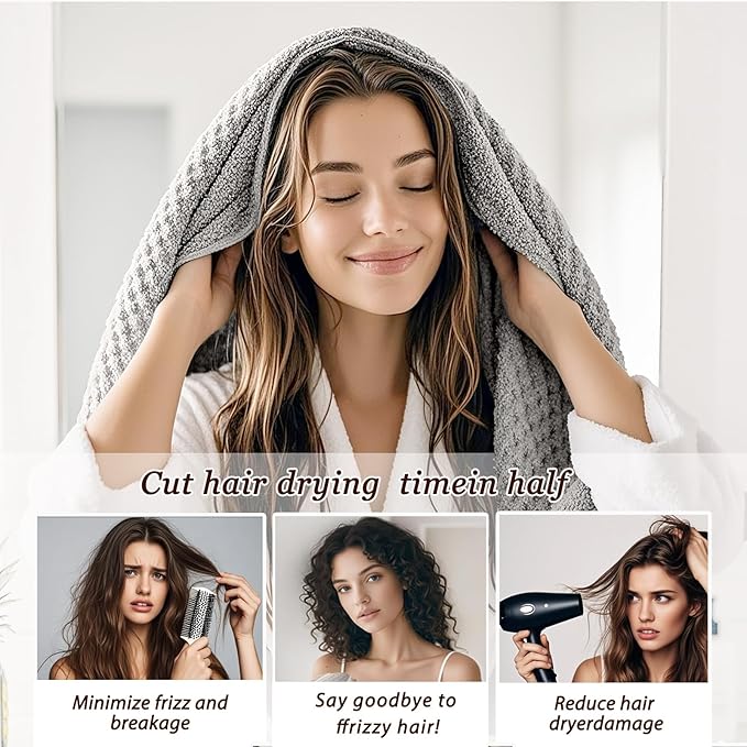 Microfiber Hair Towel Wrap for Women, Quick-Dry Turban, Ultra Absorbent & Anti-Frizz, Ideal for Long, Thick & Curly Hair, Soft Lightweight Drying Towel (24x42, Grey)