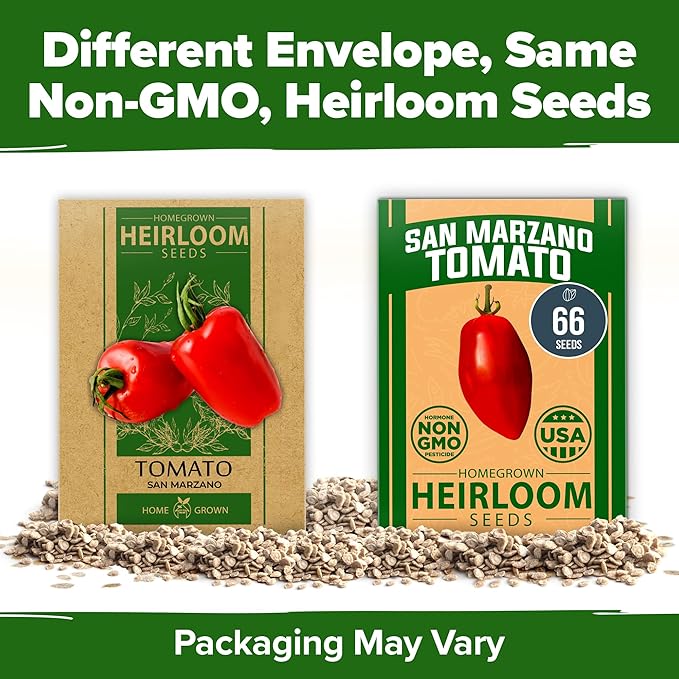 HOME GROWN San Marzano Tomato Seeds 66+ Heirloom Non-GMO Seeds for Planting, High Germination, Indeterminate, Classic Meaty Italian Paste Tomato, Best for Sauce & Canning (Solanum lycopersicum)