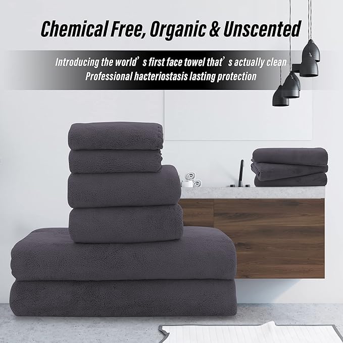 MOONQUEEN Ultra Soft Towel Set-Quick Drying-2 Bath Towels 2 Hand Towels 2 Washcloths - Microfiber Coral Velvet Highly Absorbent Towel for Bath Fitness, Bathroom, Sports, Yoga, Travel(Dark Grey, 6 Pcs)
