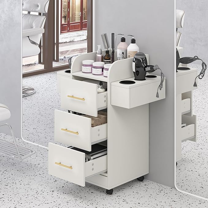 4ever2buy Rolling Salon Station for Hair Stylist, Salon Trolley Cart with with Wheels, Hair Stylist Beauty Barber Station, 6 Hair Dryer Holders & 3 Drawers, White and Gold