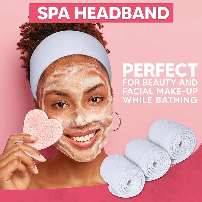 Spa Headband Head Wrap - Extra Long For Easy Fit - Terry Cloth Facial Makeup Sports Towel with Long Hook and Loop Tape from Small to Large Head (All White) (3-Pack)