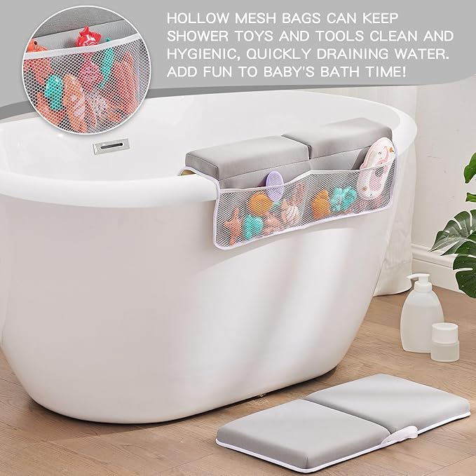 Bath Kneeler and Elbow Rest Pad Set, Thick Soft Quick Dry Bathtub Mat for Baby Bathing Time, Memory Foam With Toys Organizer, Gifts for Parents, Grey