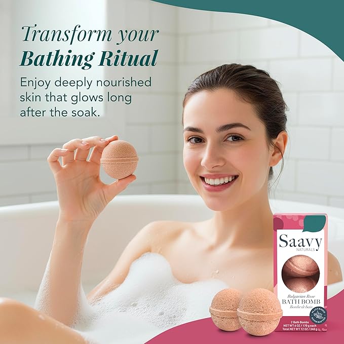 Saavy Naturals Bath Bombs – Relaxing Foaming Fizz Bubbles, Organic Bath Bombs for Women and Kids with Jojoba Oil - Gentle for Sensitive Skin - Made in USA - Bulgarian Rose (1 Pack) - 12 oz