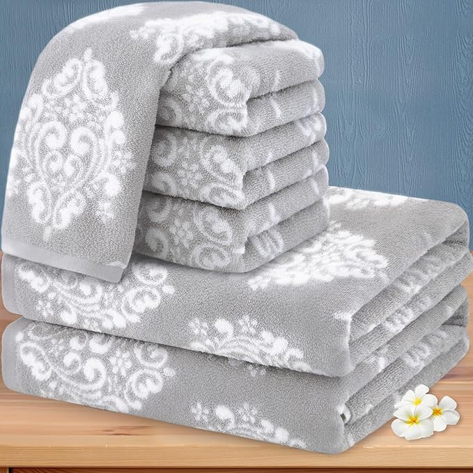 Towels for Bathroom - 100% Cotton | Soft | Quick Dry | Light Weight | Absorbent, 4 Hand 16"x27", 2 Bath 28"x52", Towel Set of 6, Grey Towels Bathroom Sets, Gray Damask Patterned Towels, Gray and White