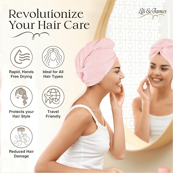 Cotton Hair Towel Wrap for Women/Kids | Quick Dry, Soft & Absorbent 420-GSM Wrap Towels with Double Button | Anti Frizz, Non Microfiber Turbans for Curly, Long & Thick Hair (Blue+Pink)