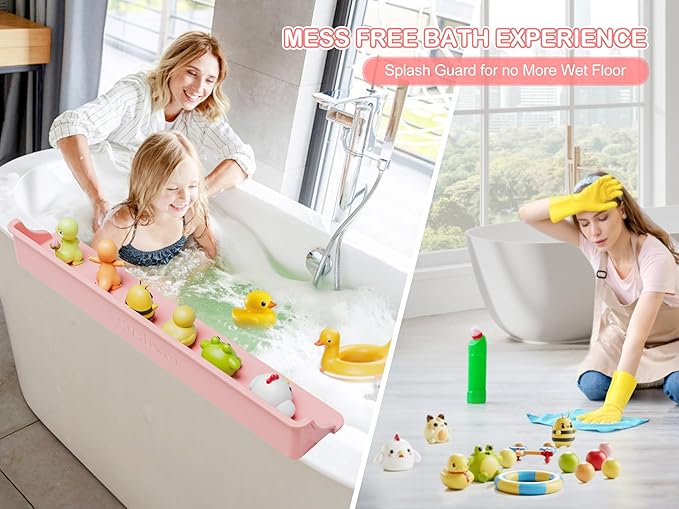 Cushore 3-Ft Bathtub Splash Guard PlayPad with Strong Suction Cups, Toy Tray Caddy Holder Storage, No-Leak, Mess-Free Bath Time for Kids, Pink
