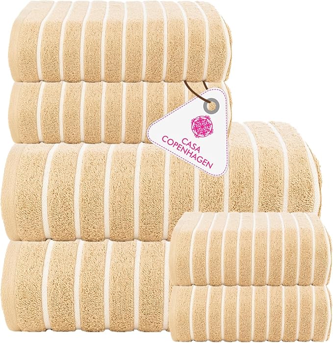 CASA COPENHAGEN Ecstatic 6Pcs 100% Egyptian Cotton Large Designer Towels Gift Set- Cream, 600GSM, 2Bath 2Hand 2Washcloths, Bath Towels for Bathroom Set for Women & Men