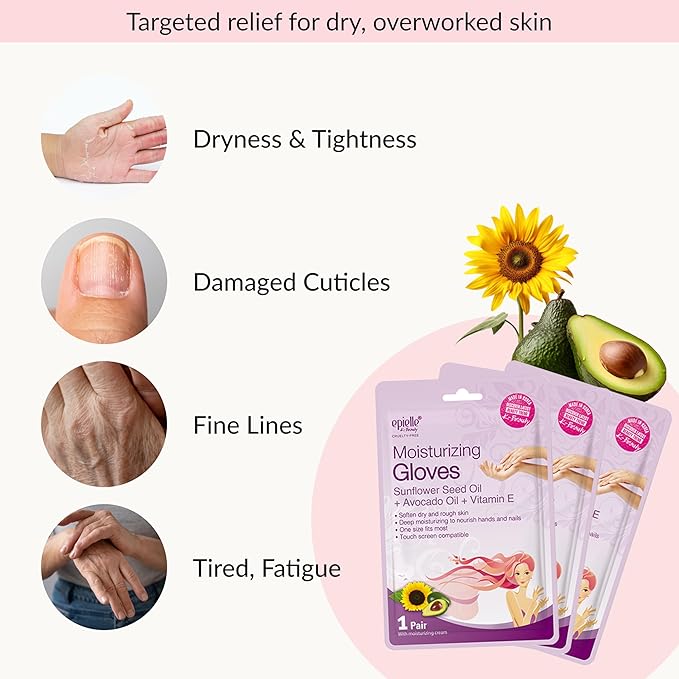 Epielle Moisturizing Hand Mask 6 Pairs, Soften with Sunflower Seed Oil & Vitamin E, Deep Moisturizing Gloves for Dry, Cracked Hands, Self Care Gifts for Women, Spa Kit, Mothers Day Gifts