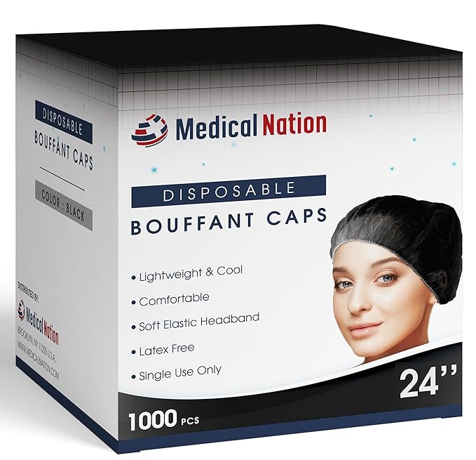 Medical Nation 24" Hair Net Disposable Bouffant Caps |CASE OF 1000, BLACK| Hairnets, Non-Woven, Non-Pleated Hair Cover |for Medical, Lab, Nurse, Tattoo, Food Service, Hospital, Cooking- Size 24" Black