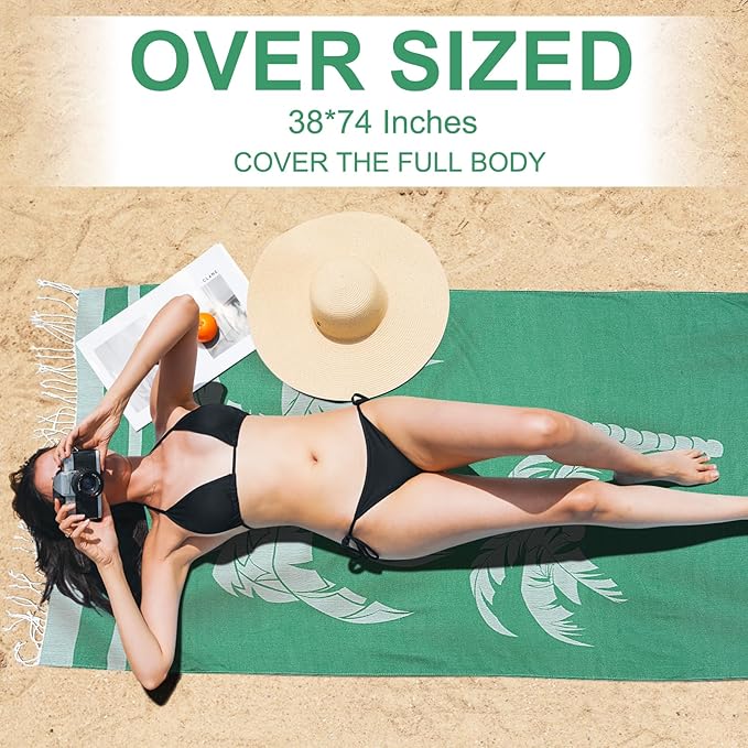 Genovega Oversized Cotton Turkish Beach Towels 72"x36" Lightweight Quick Dry Sandless Pool Swim Towel Large No Sand Compact Blanket Adult Travel Essentials Cruise Accessories Must Haves Coconut Tree