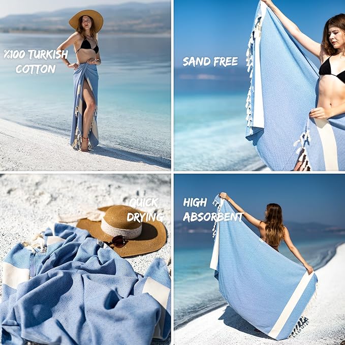 Turkish Beach Towel Oversized Clearance XL 40x71- Sand Free - 100% Cotton Quick Dry - Extra Large Blanket Travel and Pool for Adults- Cloud Sandproof, Beach Essentials for Women