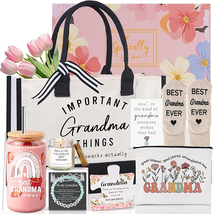 Mothers Day Birthday Gifts Basket for Grandma, New Grandma Gifts for Mothers Day, Grandmas Gift for Birthday, Grandmother Gift from Granddaughter Grandson Grandchildren Grandkids, Grandmas Presents