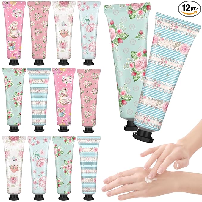 Tea Party Hand Cream Gift Set Wonderland Floral Tea Party Favor Flower Moisturizing Hand Lotion Bulk Dry Cracked Care Cream Teapot Favor Boxes Treat Gift Goodie for Baby Shower, 20 ml(12 Pcs)