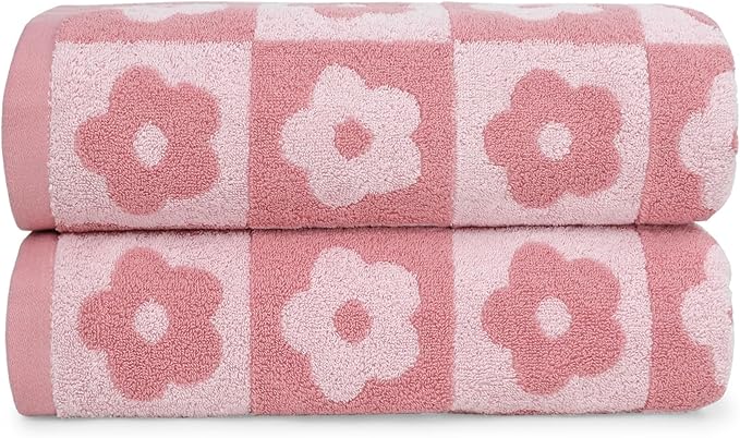 Jacquotha 2-Pieces Luxury Bath Towels Checkered Floral, Pink Towels for Women Girls Shower Body 27.5x55 Inches, Bathroom Decor & Pool Days, Cotton