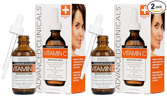Advanced Clinicals Brightening Vitamin C Serum For Face With Glycolic Acid + Lactic Acid | Vitamin C Eye Serum Face Moisturizer For Improving Look Of Dark Spots & Uneven Complexion, 2-Pack