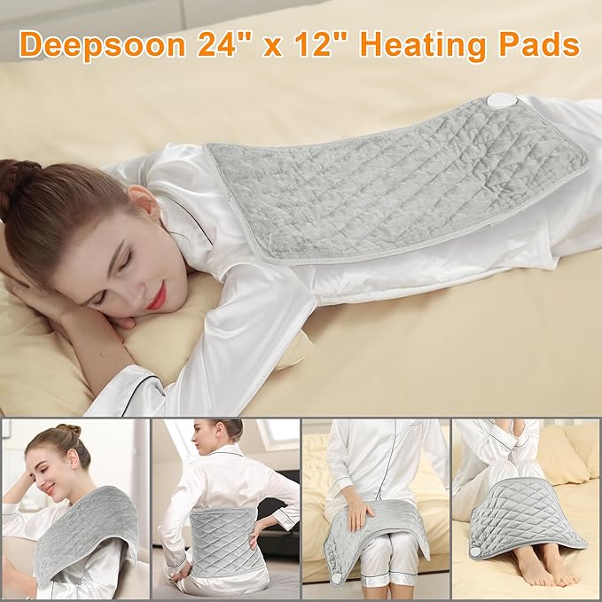 Deepsoon Heating Pad,Electric Heating Pads for Back,Neck,Moist Heating Pad for Abdomen Shoulder Knee Legs,Dry/Moist Heat&Auto Shut Off,Mother's Day Birthday for Men and Women,Weighted Gray,24x12 Inch