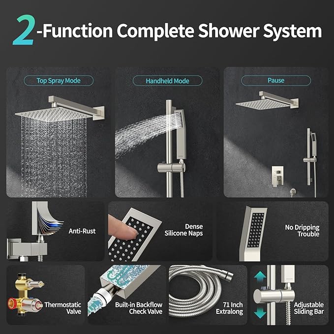 SR SUN RISE Shower System with 10" Rain Showerhead, Square Handheld Showerwith 16-Inch Slide Bar and 71-Inch Hose, Wall Mounted Shower Faucet Set Included Valve and Trim Kit, Brushed Nickel