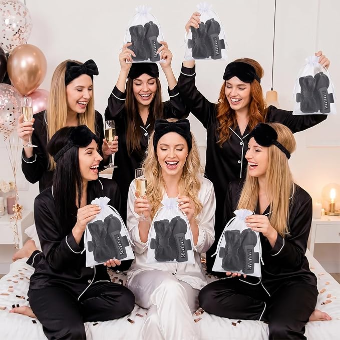 48 Pcs Spa Party Supplies Sleepover Essentials Gift for Mother's Day Spa Headband Plush Eye Mask Claw Clips Organza Bag for Women Adult Slumber Party Supplies (Black)
