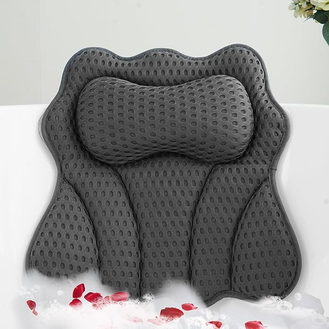Bath Pillows for Tub, Bath Pillow, Bathtub Pillow, and Luxury Bath Accessories for Head, Neck & Back Support, Relaxing Spa Bath Tub Pillow with 6 Strong Suction Cups (Gray)