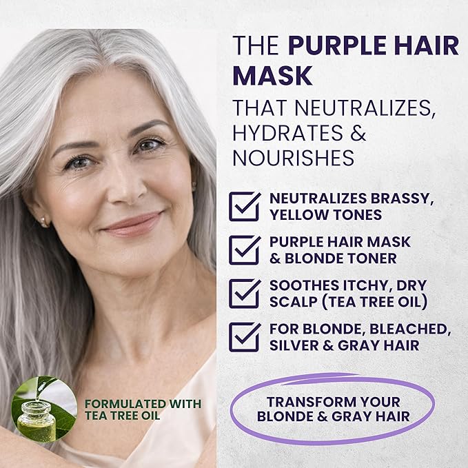 KESMEDIK Tea Tree Purple Hair Mask Toner with Argan Oil, Deep Conditioner for Dry Damaged Bleached, Blonde Silver White & Gray Hair Toner, Itchy Scalp Relief, Removes Brassy & Yellow Tones | Hydrating Hair Mask, Deep Conditioner, Hair Brightening, Gray...