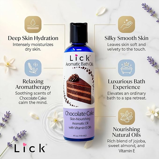 Lick Chocolate Cake Aromatic Bath Oil - Indulgent Dessert Blends - Aromatherapy Soak Oils for Skin Softening, 4 oz