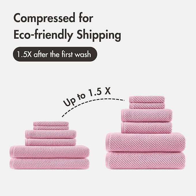 Madison Park Bathroom Towel Set of 6 Diagonal Ribbed, Pink 100% Cotton Quick Dry & Absorbent| 2 Bath 30" x 56"| 2 Hand 18" x 28"| 2 Washcloths 13" x 13"| Zero Twist, 500 GSM, Oeko-TEX