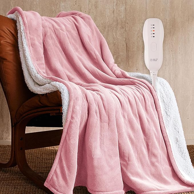 JET'S HOME Heated Blanket 50"x60" - ETL&FCC Certified Flannel Electric Blanket Machine Washable Heating Throw with 5 Heating Levels 3 Hours Auto-Off Overheating Protection Gift for Women (Pink)