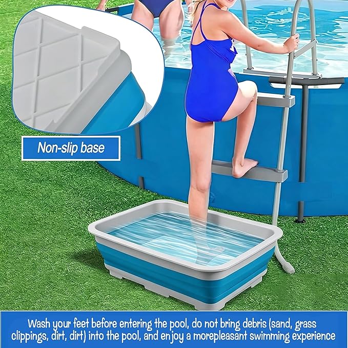 Pool Foot Bath Tray for Swimming Pool, Non- Slip Collapsible Foot Bath for Pool, Portable Foot Tub for Pool for Above Ground Pool Accessories, Rinse Feet Keep Clean (Blue + White)