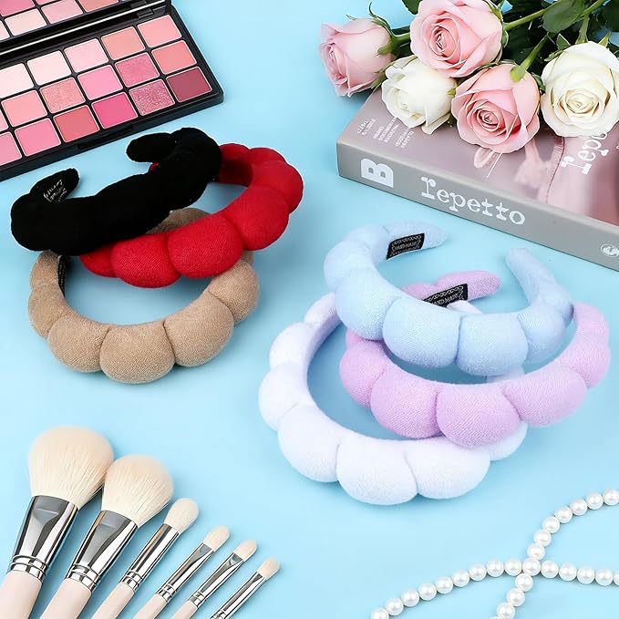 12 Pcs Spa Headbands for Women, Makeup Headbands for Women Girls, Puffy Sponge Bubble Headband for Washing Face, Soft Hair Band for Beauty Routines (Terry Cloth, 6 colors)