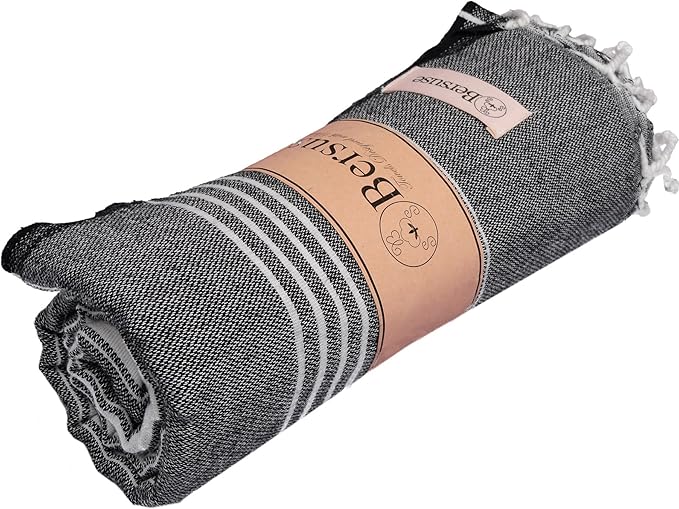 Bersuse Towels Anatolia XL Beach Blanket Throw Blanket Turkish Towel 100% Cotton Extra-Large Quick-Dry Lightweight Premium Peshtemal Towel - 61x82 Inches, Black (Set of 6)