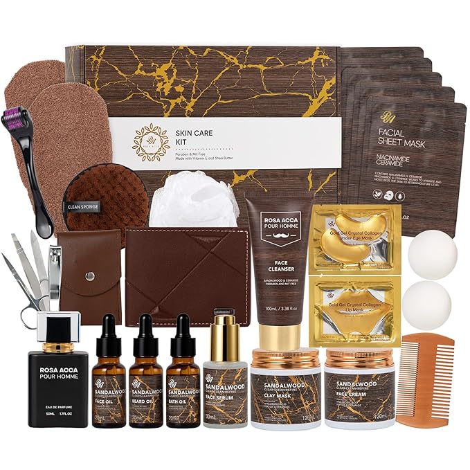 30 Pcs Men Sandalwood Facial Skin Care Set for Men, Father's Day Gifts, Beard Grooming Set, Bath & Body Gift Basket Set, Bath Bomb, Birthday, Valentines, Husband, Holiday, Christmas, Dad, Anniversary