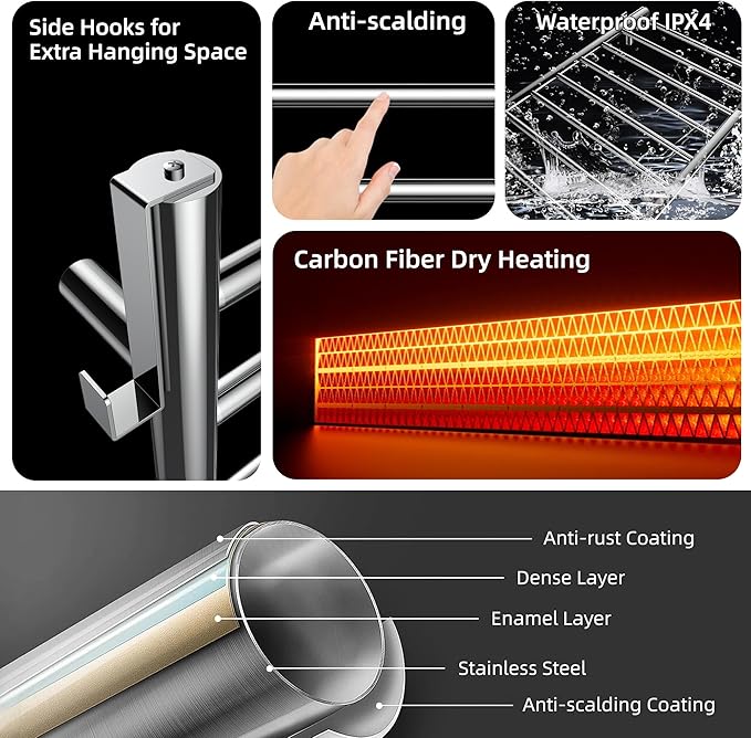 P&Dlusir Towel Warmer, Heated Towel Rack with Smart Timer and Thermo Control, Wall-Mounted Heated Towel Rail, Stainless Steel, Hard-Wired/Plug-in, Polished, 8 bar