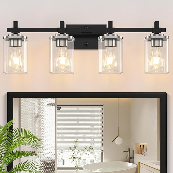 4-Lights Black and Brushed Nickel Vanity Lights with Clear Glass Shade, Bathroom Wall Light Fixtures, 30.3 Inch Large Vanity Lighting Fixture for Bathroom Mirror Living Room ﻿