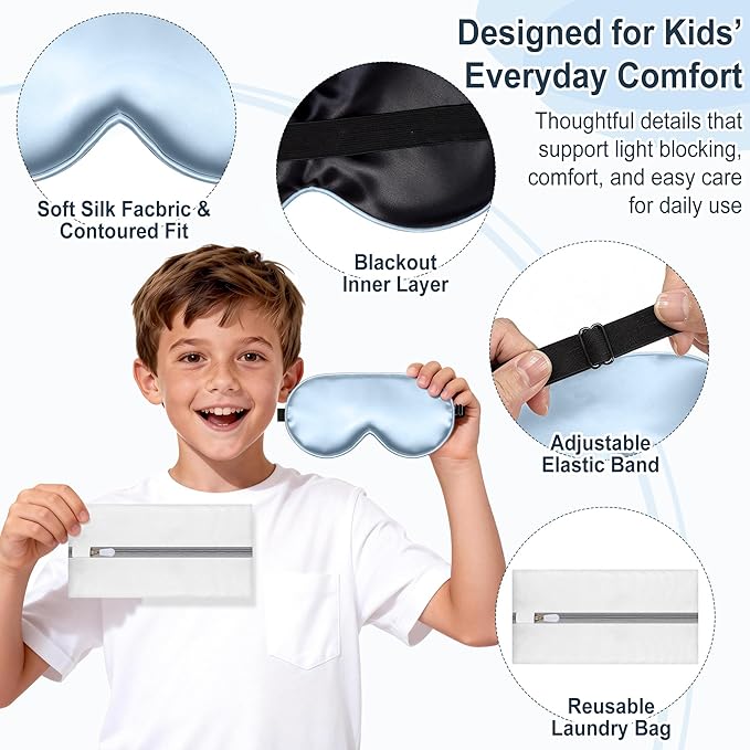 Kids Sleep Mask, Kids Eye Mask for Boys Girls, Kid Silk Eye Masks with Adjustable Strap for Sleeping, 100% Light-Blocking Sleep Eye Cover, Includes Protective Laundry Bag (Blue)