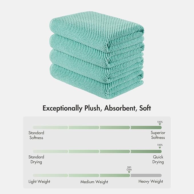 Madison Park 4-Piece Bath Towel Set for Bathroom 30" x 56" Large Diagonal Ribbed, Turquoise - 100% Cotton Soft Quick Dry & Absorbent Gift | Zero Twist, 500 GSM, Oeko-TEX, Hotel Quality