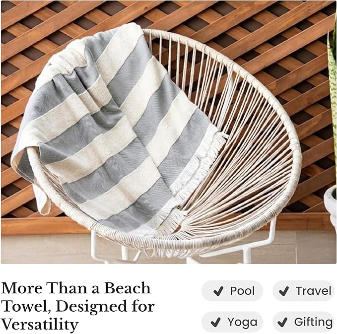 Lightweight Turkish Beach Towel - 100% BCI Cotton, Unbleached Raw Fringe, Oeko-TEX Certified, Absorbent, Eco-Friendly, 36x66”, Black & Natural Stripes, Portable Sarong Blanket for Pool, Travel