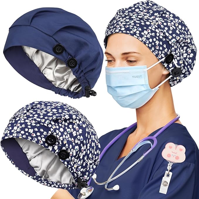 2 Pack Satin Lined Bouffant Scrub Caps with Buttons, Adjustable Scrub Caps for Women Men