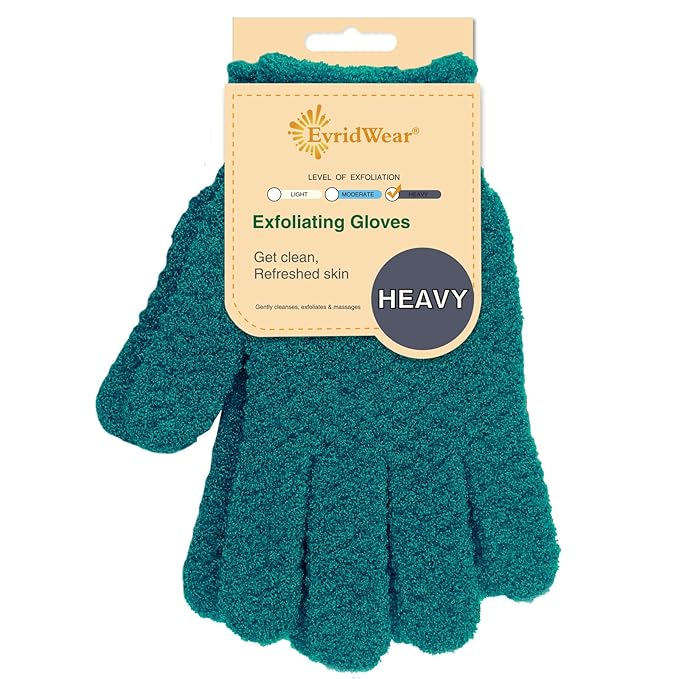 Evridwear Exfoliating Dual Texture Bath Gloves for Shower, Spa, Massage and Body Scrubs, Dead Skin Cell Remover, Gloves with Hanging Loop (1 Pair Deep Lake Heavy Glove)