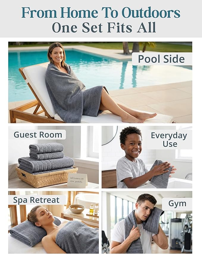 Casa Platino 100% Cotton Towels Set for Bathroom - 12 Pc Family Pack - Super Soft & Quick Dry - 4 Bath, 4 Washcloth, 4 Hand Towels - Oeko TEX Certified, Machine Washable & Durable - Cool Grey