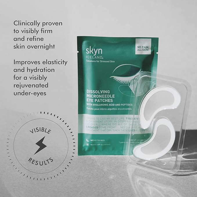 skyn ICELAND Dissolving Microneedle Under-Eye Patches — 39% Hyaluronic Acid & Peptides, No-Slip Overnight Eye Mask, Vegan, All Skin Types, 8 Pairs