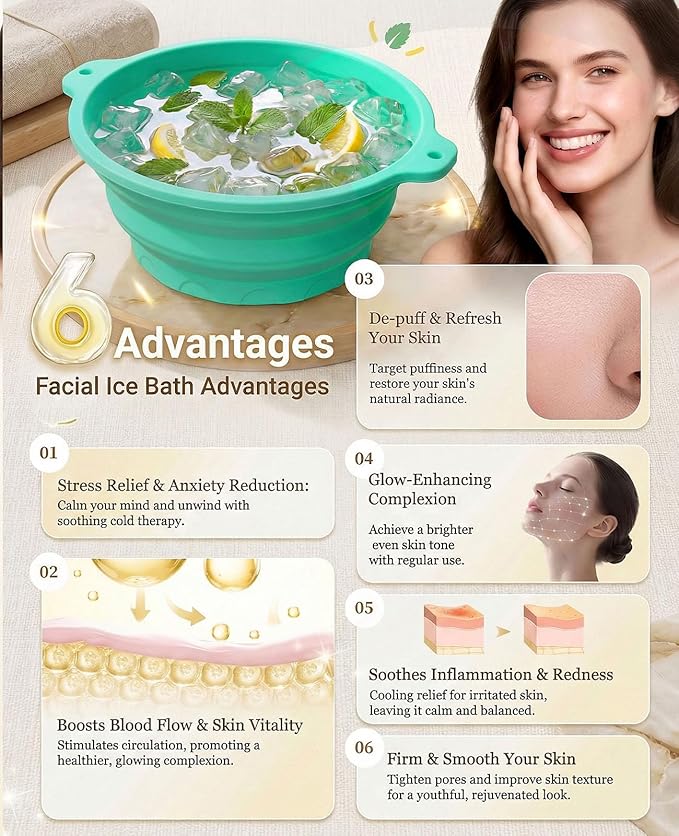Face Ice Bath Bowl with Built-in Ice Tray, Foldable Silicone Face Bowl for Ice, Reusable Ice Facial Bowl for Cold Plunge Therapy, Skin Tightening, Acne Relief, Portable Spa Tool for Home, Camping