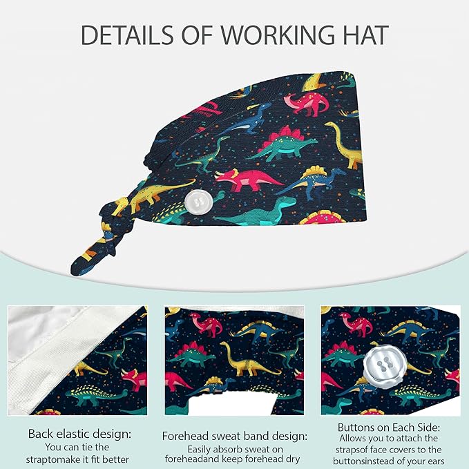2 Pcs Working Cap with Sweatband for Women Men, Adjustable Cleaning Working Hats, Nurse Surgical Caps