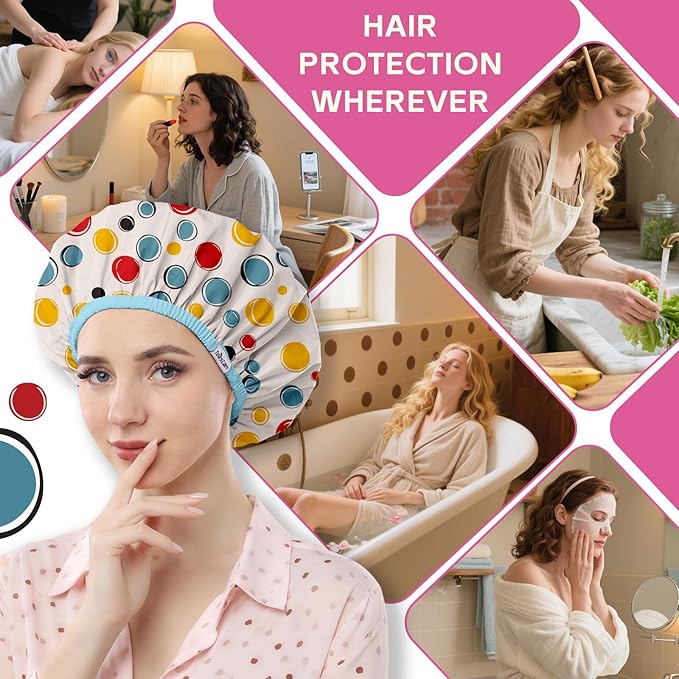 Years calm Waterproof Shower Cap for Women - Double-Layer Reusable Bath Cap with Elastic Band for Long/Short/Curly/Braids Hair, Washable & Travel-Friendly, Fit for Shower, Spa (Blue Shower Cap)