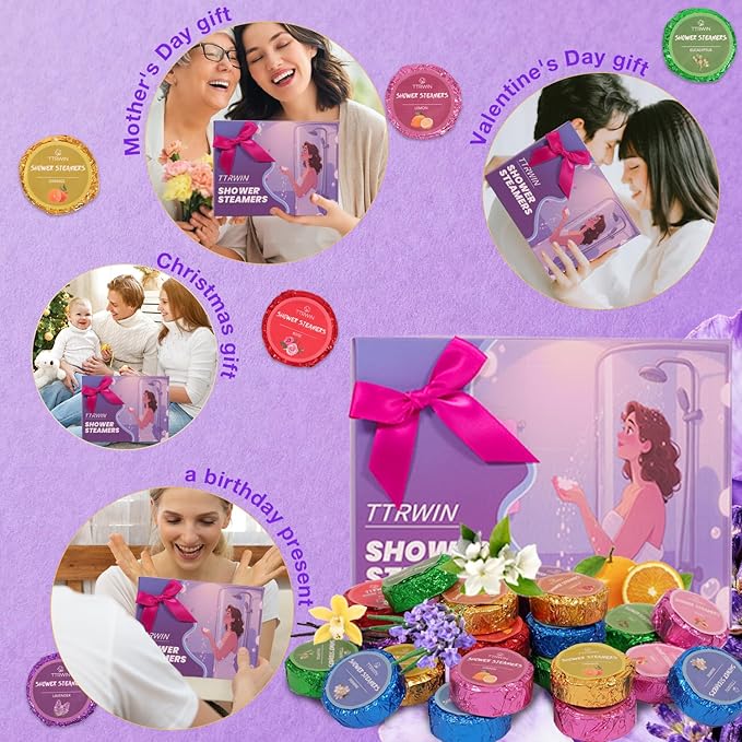 Shower Steamers Aromatherapy 24 Pack Shower Bombs with Natural Essential Oils, Home SPA Stress Relief Christmas Stocking Stuffers Birthday Gifts for Women Mom Men Self Care Relaxation