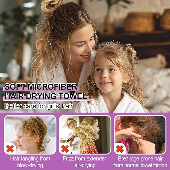 MADHOLLY Fast Drying Microfiber Hair Towel for Kids Women - 2 Packs Soft Super Absorbent Hair Towel Wrap with Button, Anti-Frizz Turban for Thicker Curly Long Hair, Mermaid Pattern Gift for Girls