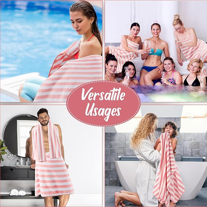 SmoothNovelty 16 Pack Microfiber Bath Towels Bulk 27'' x 60'' Oversized Size Bath Towel Highly Absorbent Extra Large Soft Drying for Beach Shower Summer Salon Sport Gym Party (Stripes,Pink)