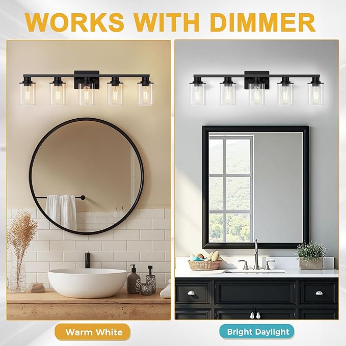L LOHAS LED 5-Light Bathroom Light Fixtures Over Mirror, Black Bathroom Vanity Lights with Clear Glass Shade, Modern Vanity Lights for Bathroom Living Room Hallway Bedroom