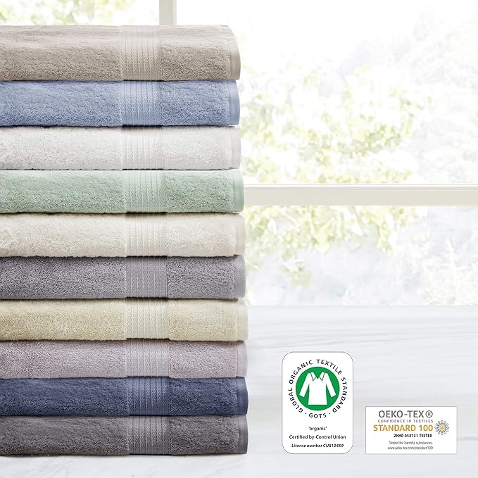 Madison Park Organic 100% Cotton Bathroom Towel Set, Hotel & Spa Quality Highly Absorbent, Quick Dry, Include for Shower, Handwash & Facial Washcloth, Multi-Sizes, Tan