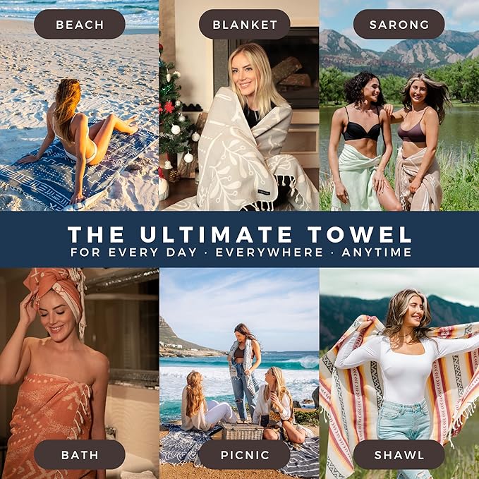 FESHKA Sand Proof Turkish Beach Towel – Oversized, Quick Dry & Lightweight Travel Towel - 100% Organic Cotton Beach Blanket - Perfect for Bath, Pool & Picnic | Coastal Dream (Yellow/Navy/Blue)