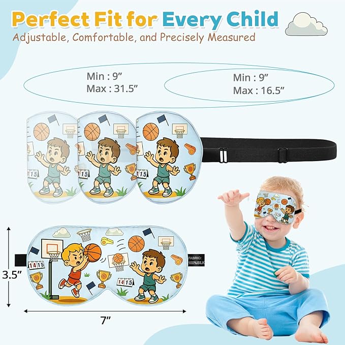 Kids Silk Sleep Mask – 100% Mulberry Silk Eye Cover, Kid Eye Mask with Adjustable Strap, Soft & Breathable Blackout Sleeping Mask for Boys and Girls Ages 5-15 (Basketball Style)